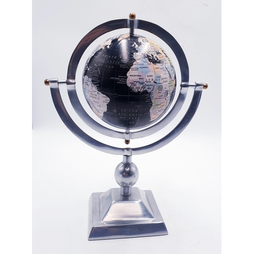 726 - CHROME / BLACK Extra Large 37cm WORLD GLOBE and STAND