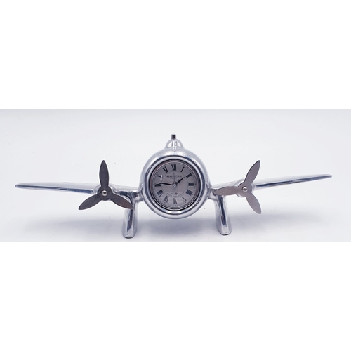 727 - CHROME Extra Large 35cm MANTLE CLOCK FASHIONED AS AN AEROPLANE (Found To Be Working When Photographe... 