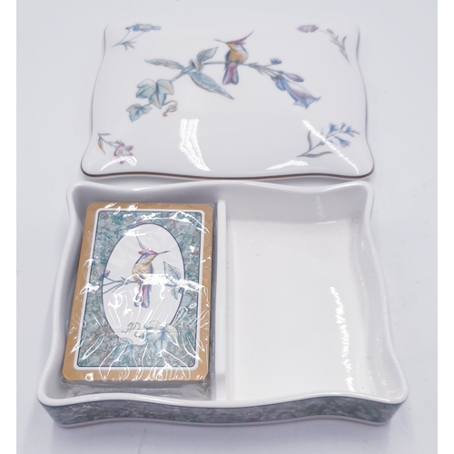 13 - WEDGWOOD CHINA CARD BOX IN THE HUMMINGBIRD DESIGN (Plus One Packet Of Playing Cards)