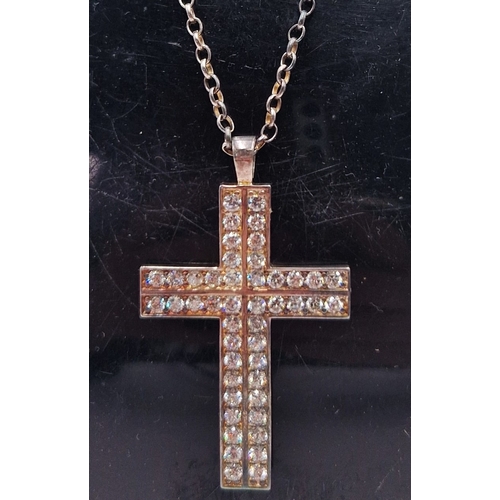 37 - SILVER (925) /CRYSTAL Large 5cm CROSS PENDANT ON A SILVER (925) 48cm NECK CHAIN (Total Weight 15.8 G... 