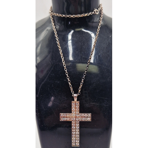 37 - SILVER (925) /CRYSTAL Large 5cm CROSS PENDANT ON A SILVER (925) 48cm NECK CHAIN (Total Weight 15.8 G... 