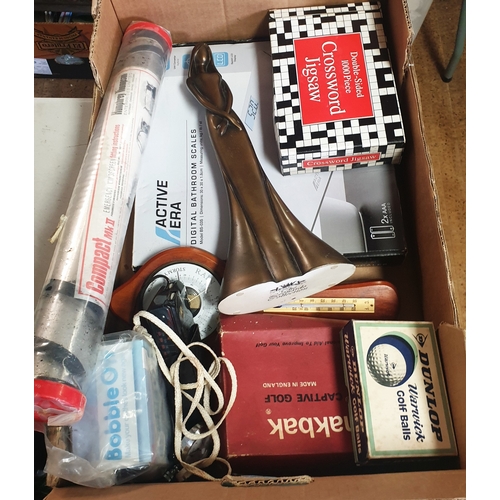 114 - BOX OF VARIOUS ITEMS Inc BATHROOM DIGITAL SCALES, GOLF BALLS, FIGURINE ,Etc