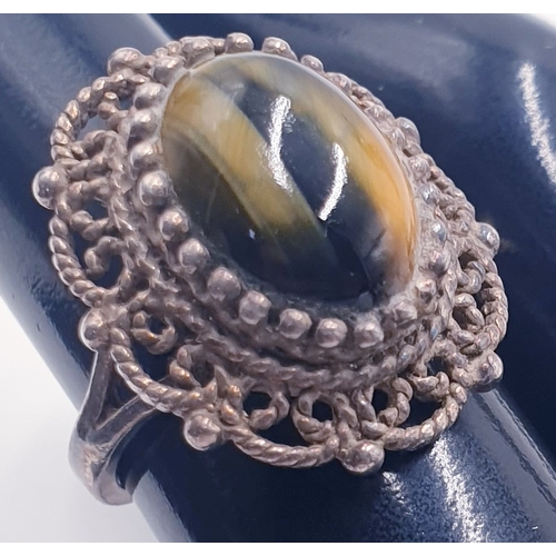 138 - SILVER (Hallmarked) FILLIGREE TIGERS EYE STONE SET RING (Size M ,Total Weight 5.7 Grams) (Boxed)