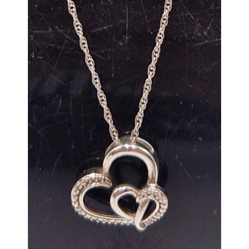 156 - SILVER (925 Dia) /DIAMOND STONE SET DOUBLE HEART SHAPED PENDANT ON A SILVER (925 ) 42cm NECK CHAIN