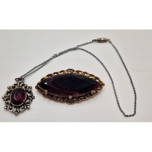 158 - MIRACLE GOLD TONE STONE SET BROOCH Plus PURPLE STONE SET PENDANT ON A NECK CHAIN