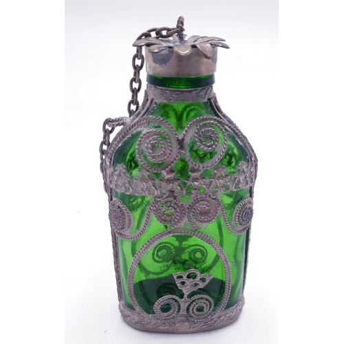 346 - GREEN INLAID 10cm GLASS SCENT BOTTLE