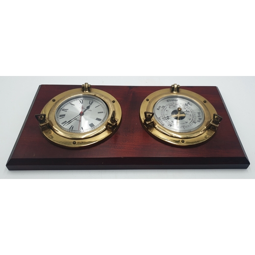 354 - WOODEN MOUNTED NAUTICAL PORTHOLE CLOCK/BAROMETER SET