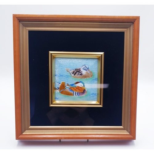 364 - CLOISONNE DUCKS ENAMEL ARTWORK IN A SAGE MATT WOODEN Large 33cm x 26.5cm FRAME