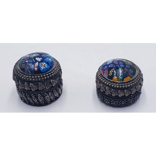 368 - WHITE METAL /MILLIFIORI DESIGN PILL BOXES (2)