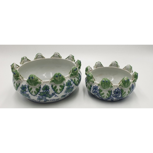 496 - CERAMIC CHINESE FROG BOWLS (2) (Both Signed) (Largest Being 22cm Dia)