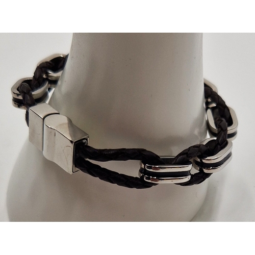 411 - STAINLESS STEEL & LEATHER 21cm BRACELET (Boxed)