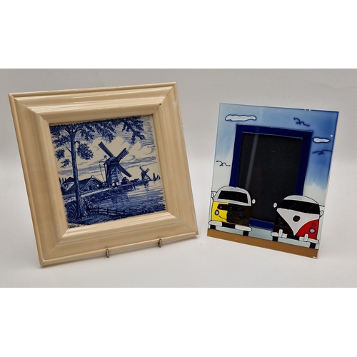 649 - GLASS PHOTO FRAME & TILED PICTURE