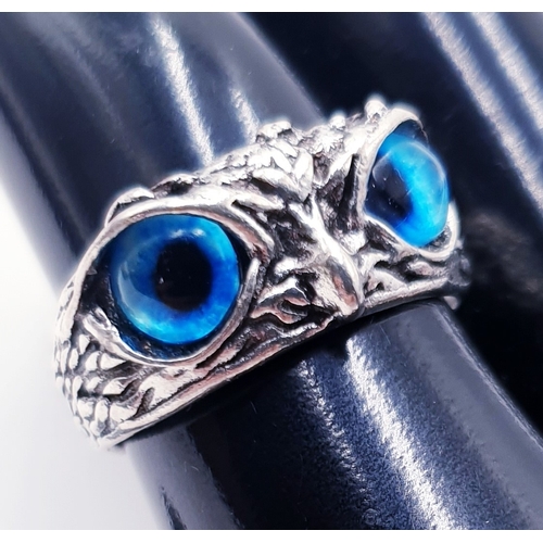 340A - WHITE METAL /SILVER OWL HEAD DESIGN WITH STONE SET EYES (Adjustable) RING  (Total Weight 3.60 Grams)... 