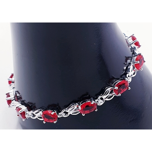 37A - SILVER (Stamped 925) / RED WATER DROP STONE SET 19cm BRACELET (With Lobster Claw Clasp)