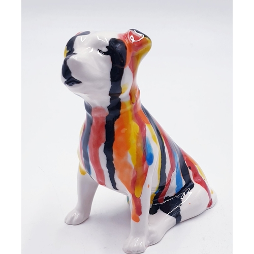 174 - ANITA HARRIS ART POTTERY 11cm SPLASH DRIP GLAZE MODEL OF A STAFFORDSHIRE BULL TERRIER (Signed In Gol... 