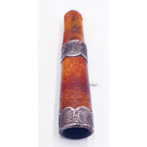 477 - AMBER / TWIN SILVER (Hallmarked) BANDED CHEROOT HOLDER (Original Case)