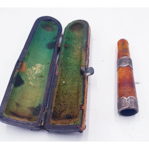 477 - AMBER / TWIN SILVER (Hallmarked) BANDED CHEROOT HOLDER (Original Case)