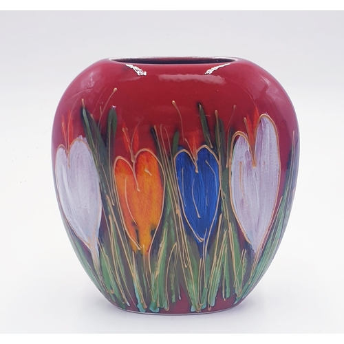 376 - ANITA HARRIS ART POTTERY 12cm PURSE VASE IN THE CROCUS DESIGN (Signed In Gold By Anita Harris)