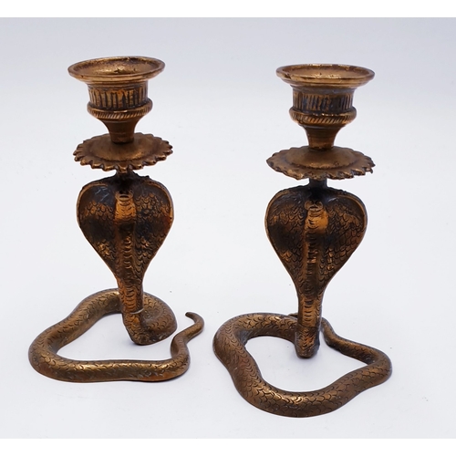 753 - INDIAN BRASS 13cm COBRA CANDLESTICKS (2)