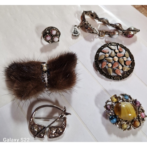 715 - SCOTTISH STYLE BROOCHES (3) Plus MINK STONE SET PEARL BROOCH Plus BRACELET AND A RING