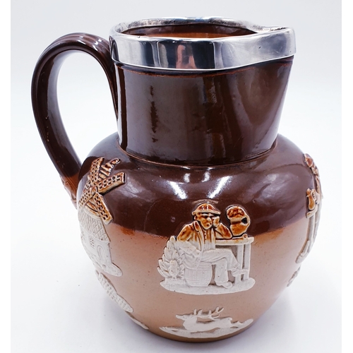 44 - ROYAL DOULTON 16.5cm 1904 (Harvester) JUG With SILVER (Hallmarked For London 1904 By Charles Fox & C... 