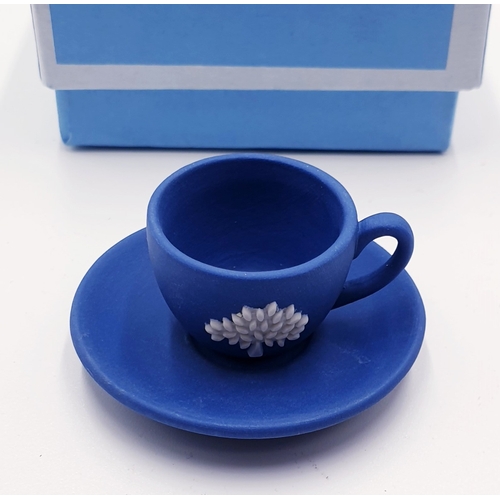 80 - WEDGWOOD JASPER WARE PORTLAND BLUE Miniature CUP And SAUCER IN THE MULBERRY DESIGN (Original Box)