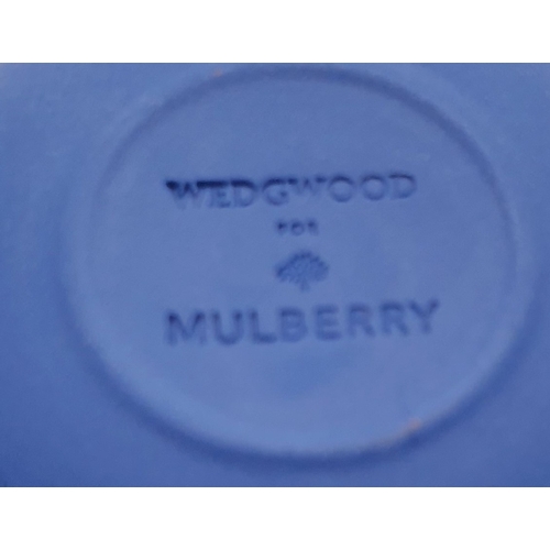 80 - WEDGWOOD JASPER WARE PORTLAND BLUE Miniature CUP And SAUCER IN THE MULBERRY DESIGN (Original Box)