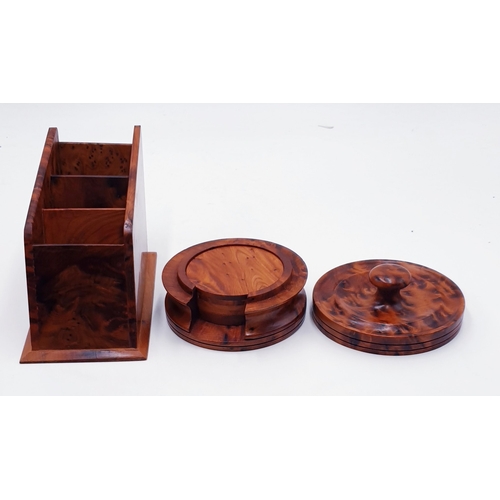 91 - MOROCCAN THUYA WOOD DESK TIDY And COASTER SET.
(The colour of this wood is extremely unique, it has ... 