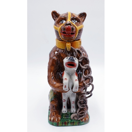 318 - CERAMIC Extra Large 30cm BEAR BAITING ADVERTISING JAR And COVER FASHIONED AS A BEAR CLUTCHING A SNAR... 