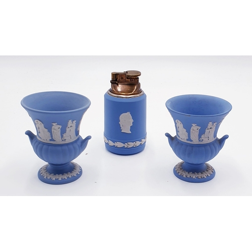 398 - WEDGWOOD BLUE JASPER WARE VASES (2) Plus TABLE LIGHTER