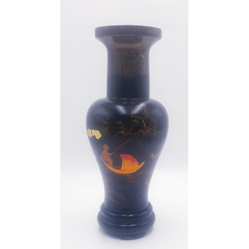 422 - PAPERMACHE ORIENTAL Extra Large 39m VASE WITH WOODEN STAND.
(Paper mache is a composite material inv... 