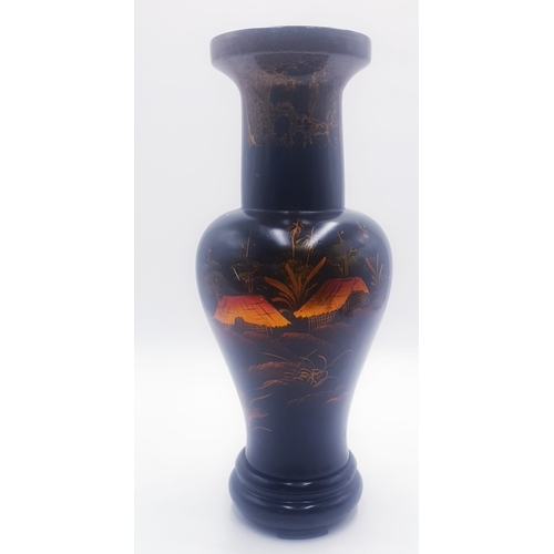 422 - PAPERMACHE ORIENTAL Extra Large 39m VASE WITH WOODEN STAND.
(Paper mache is a composite material inv... 