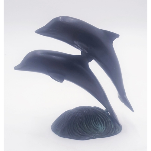 423 - BRONZE 14cm MODEL OF TWO LEAPING DOLPHINS