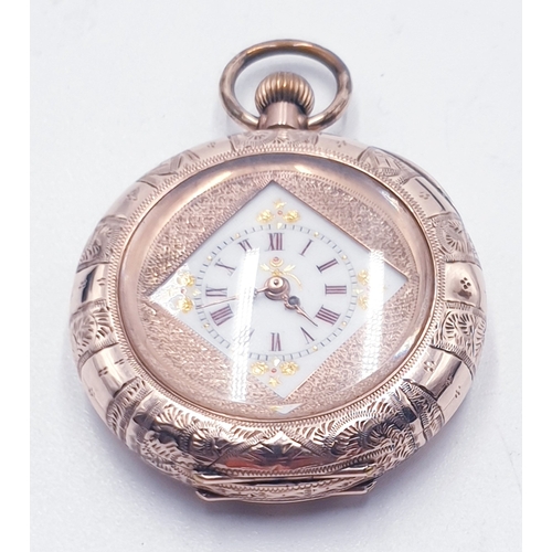 460 - 9ct GOLD 3cm Dia CASED LADIES FOB WATCH (VACANT CARTOUCHE)