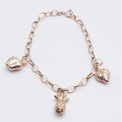 218 - 9ct GOLD (375) 18cm CHARM BRACELET With THREE CHARMS 