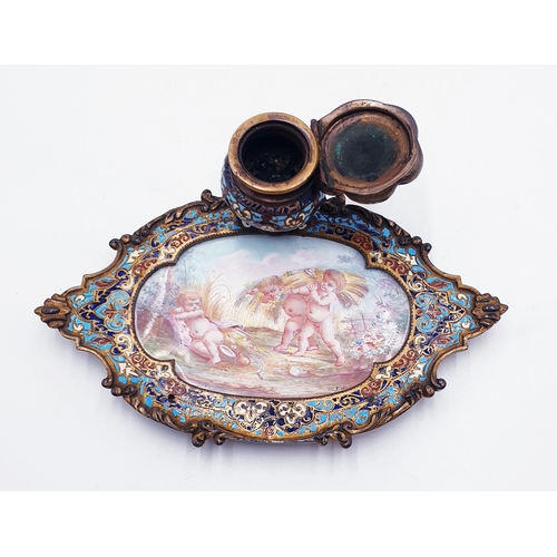 607 - FRENCH CHAMPLEVE ENAMEL INKWELL With CHERUB INSERT c Late 1900s
(Champlevé is an enamelling techniqu... 