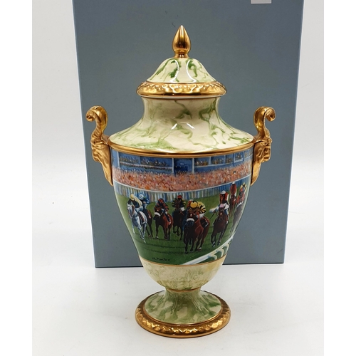 772 - WEDGWOOD CHINA (Hand Painted) HORSE RACING URN/TROPHY VASE (As New ,Original Box,Not Presented)