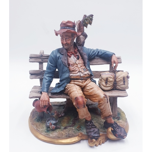 506 - CAPO-DI-MONTE PORCELAIN Large 24 cm x 24 cm FIGURINE OF A TRAMP ON A BENCH Signed By Volta (Please N... 