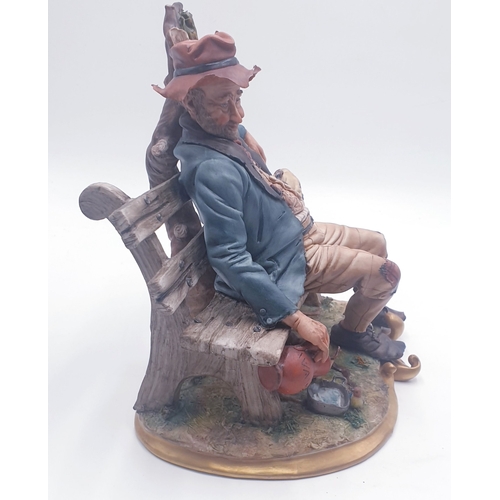 506 - CAPO-DI-MONTE PORCELAIN Large 24 cm x 24 cm FIGURINE OF A TRAMP ON A BENCH Signed By Volta (Please N... 