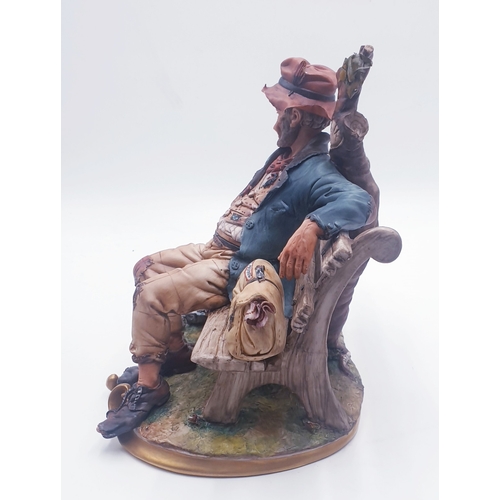 506 - CAPO-DI-MONTE PORCELAIN Large 24 cm x 24 cm FIGURINE OF A TRAMP ON A BENCH Signed By Volta (Please N... 