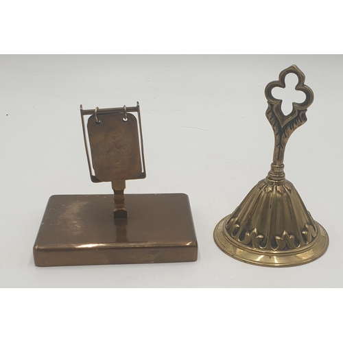 517 - BRASS GOTHIC VICTORIAN HOTEL DESK BELL TOGETHER WITH A BRASS BRIDGE TRUMPS MARKER