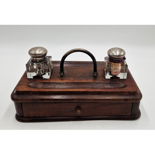 27 - SOLID 27.5cm x 16.5cm OAK DESK SET With GLASS INK POTS And FITTED DRAWER (Early 1900's)