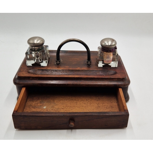 27 - SOLID 27.5cm x 16.5cm OAK DESK SET With GLASS INK POTS And FITTED DRAWER (Early 1900's)