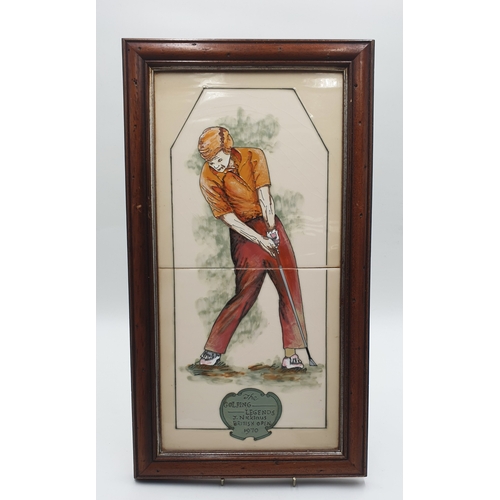 337 - MAWS & Co 45.5cm x 25.5cm FRAMED TWIN TILES MAKING UP A PICTURE OF THE FAMOUS GOLFER 