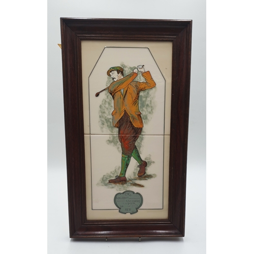 338 - MAWS & Co 45.5cm x 25.5cm FRAMED TWIN TILES MAKING UP A PICTURE OF THE FAMOUS GOLFER 