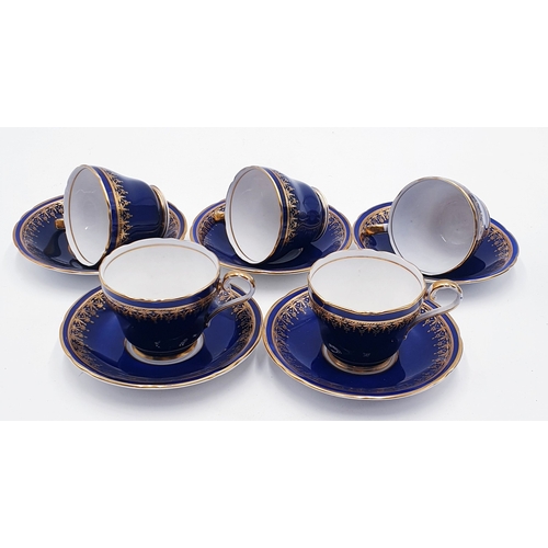 339 - AYNSLEY CHINA CABINET CUPS & SAUCERS (5) With (Hand Guilded) DECORATION ON A COBALT BLUE GROUND