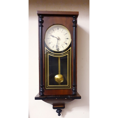 340 - WOODEN CASED 41cm X 16cm x 10cm ENAMEL FACE MECHANICAL (Wind Up) WALL CLOCK (Found To Be Working Whe... 