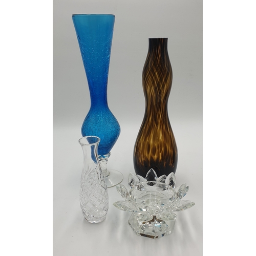 343 - BLUE CRACKLE GLASS Extra Large 38cm VASE , BROWN GLASS 33cm VASE Plus TWO OTHER ITEMS OF GLASS (Plea... 