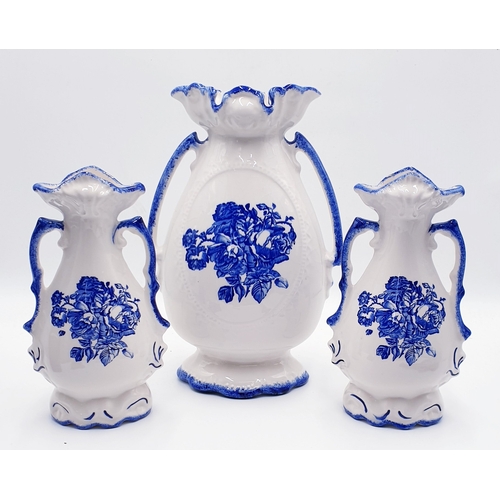 464 - CHINA BLUE/WHITE TWIN HANDLED VASES (3)