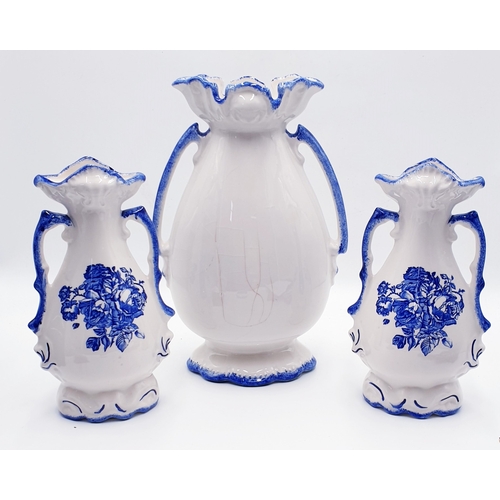 464 - CHINA BLUE/WHITE TWIN HANDLED VASES (3)